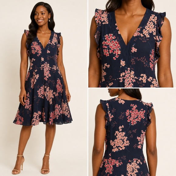 Rebecca Taylor Dresses & Skirts - Rebecca Taylor Silk Floral Fit Flare Dress 8 Navy Pink Ruffle V-Neck